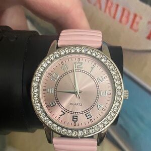 Vintage Pink Stainless Steel Quartz Rhinestones WORKING Watch